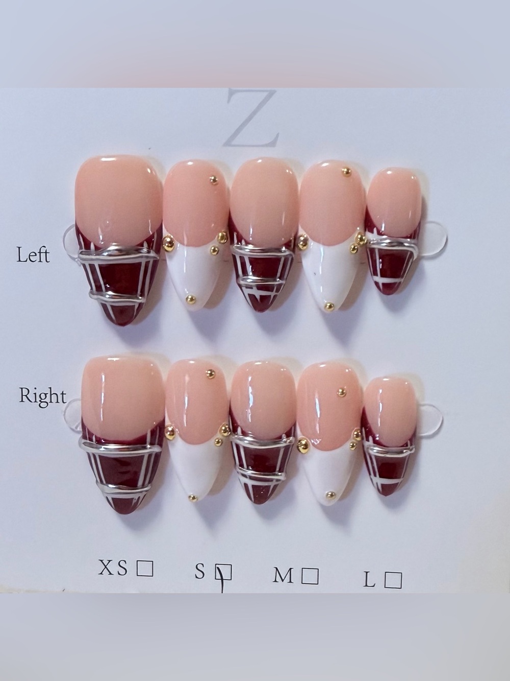Nude & Burgundy Sculpted Press-On Nails with Gold Accents